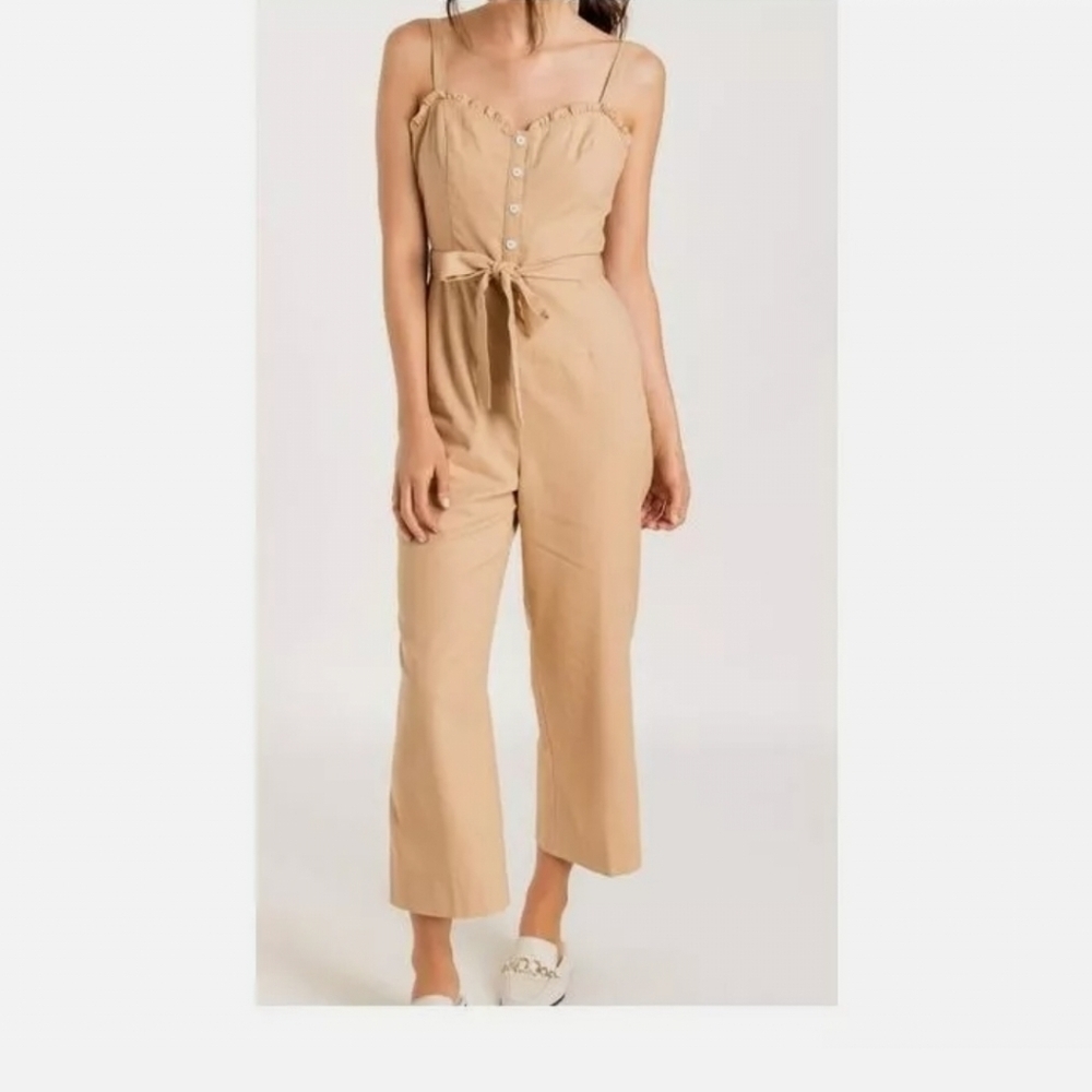 Lush Sleeveless Jumpsuit Beige Tan Self Tie Belt Button Front Size L